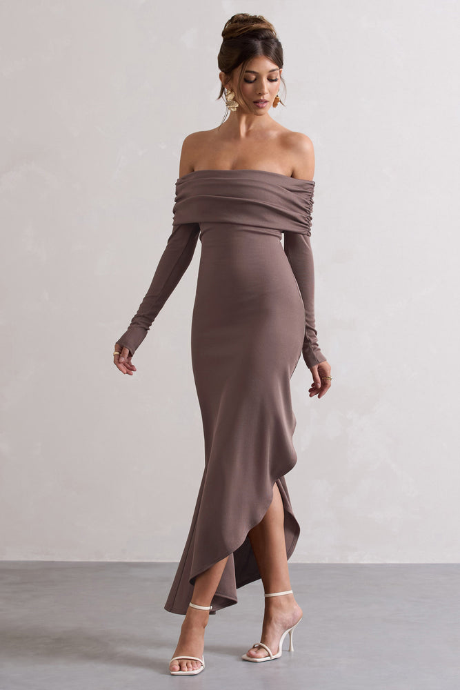 Romina | Mocha Rib Knit Bardot Maxi Dress With Asymmetric Hem