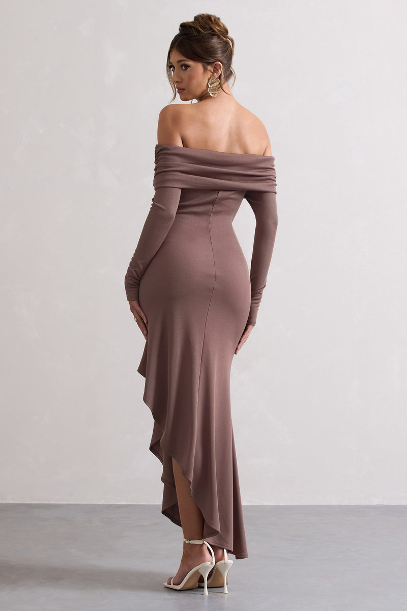 Tatiana Bardot Frill Neckline Maxi Dress Mocha
