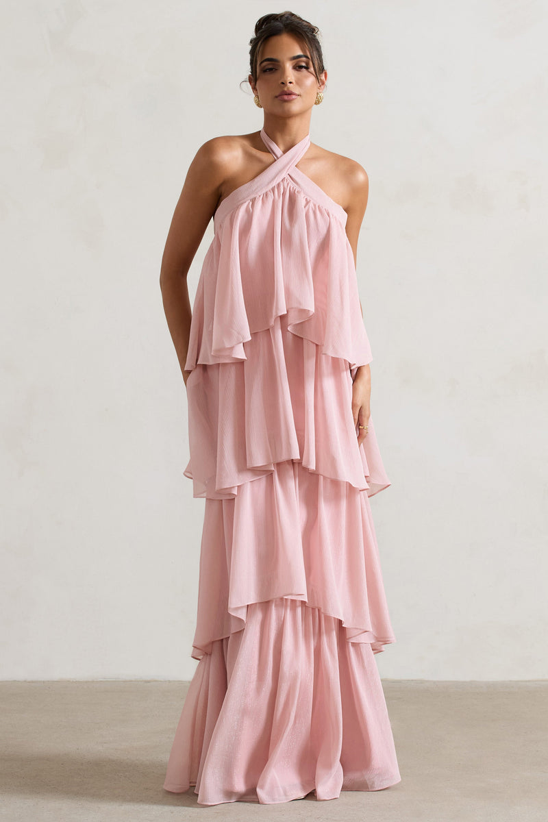 Kassiah Light Pink Halter-Neck Ruffle Maxi Dress – Club L London - USA