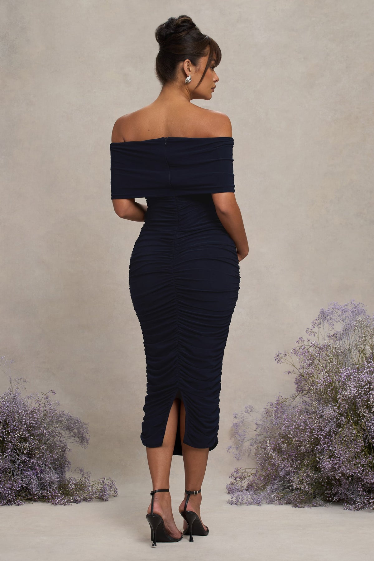 Unwrapped | Navy Ruched Twist Bardot Maternity Midi Dress