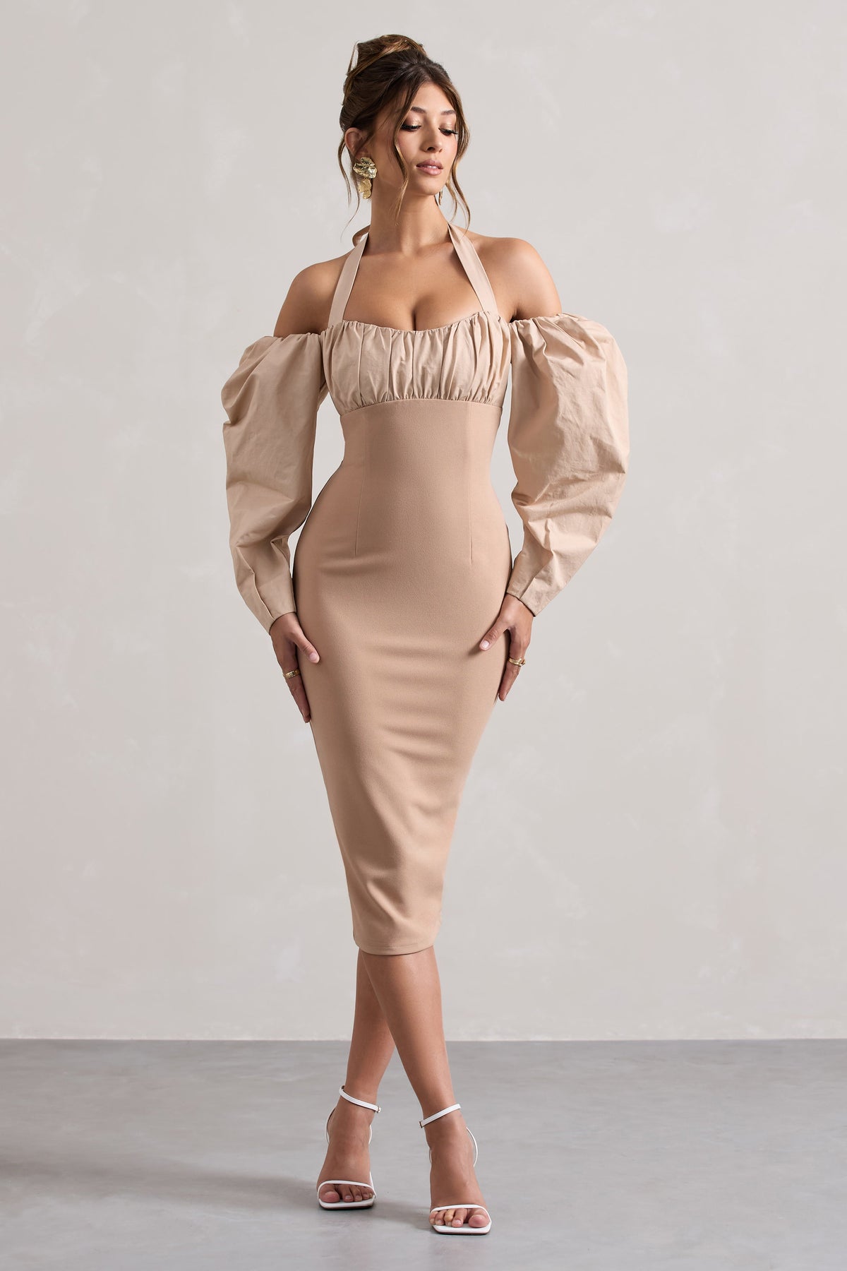 Couture Client Champagne Halter-Neck Puff Sleeve Midi Dress Club L London - USA Couture Client Champagne Halter-Neck Puff Sleeve Midi Dress Club L London - USA