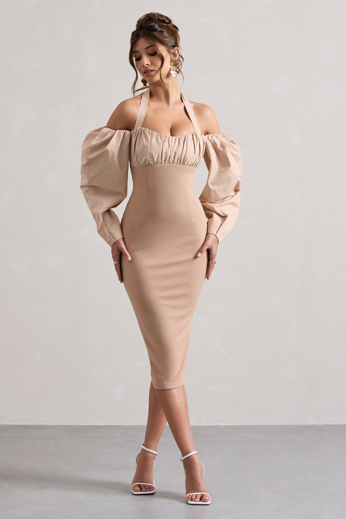 Couture Client Champagne Halter-Neck Puff Sleeve Midi Dress Club L London - USA Couture Client Champagne Halter-Neck Puff Sleeve Midi Dress Club L London - USA