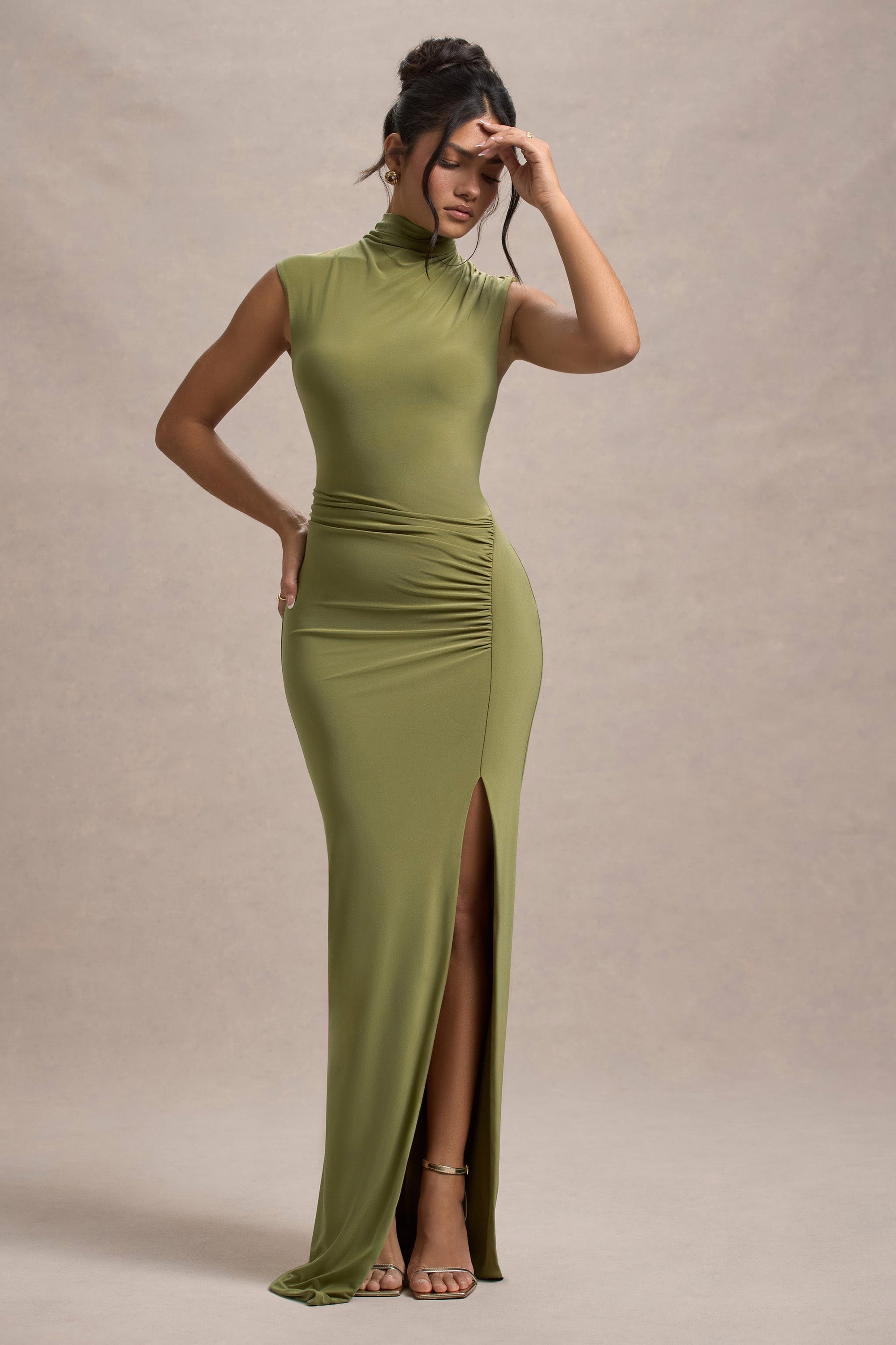Lanetta | Olive Ruched High-Neck Maxi Dress With Split - Club L London - USA