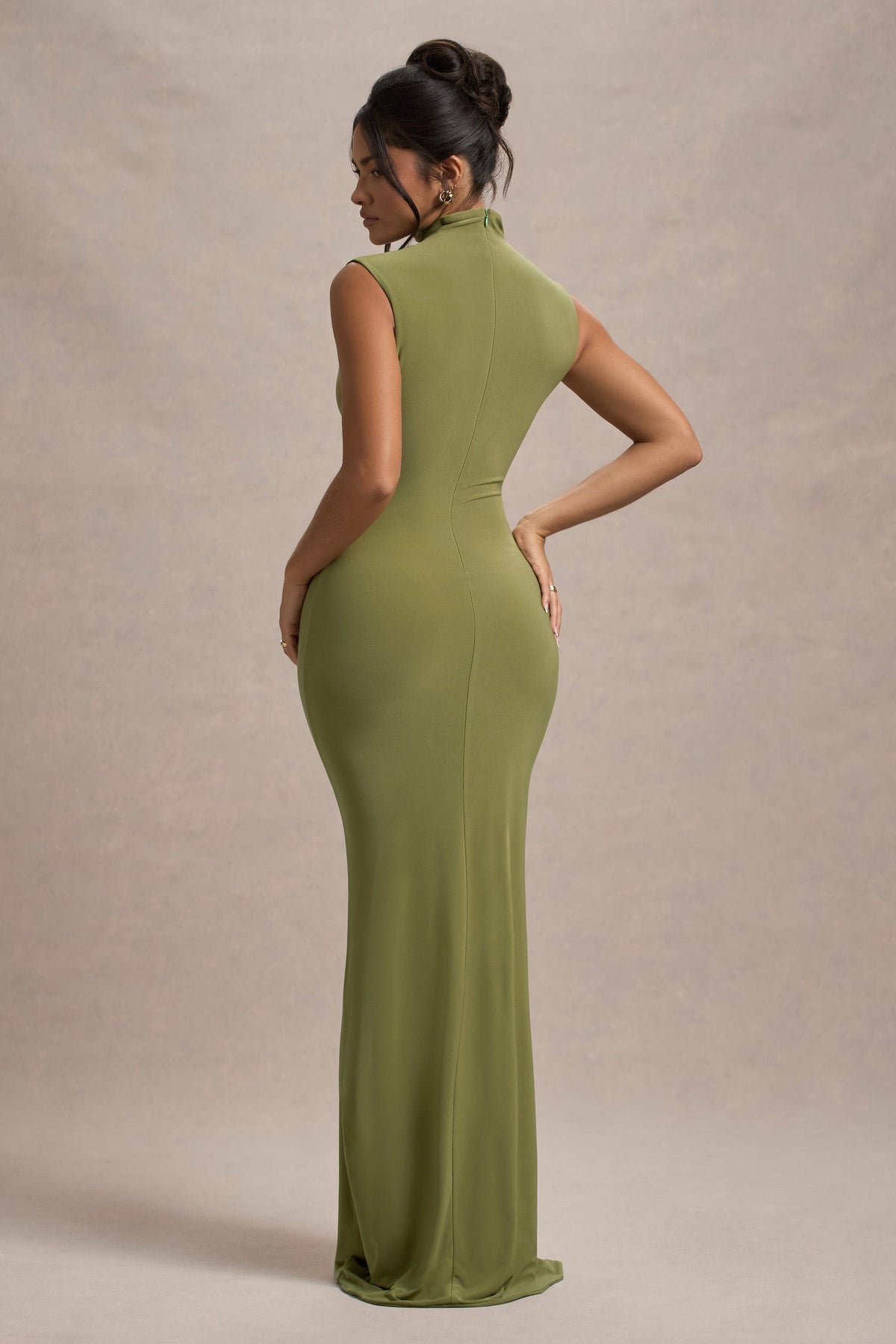 Lanetta Olive Ruched High-Neck Maxi Dress With Split Club L London - USA Lanetta Olive Ruched High-Neck Maxi Dress With Split Club L London - USA