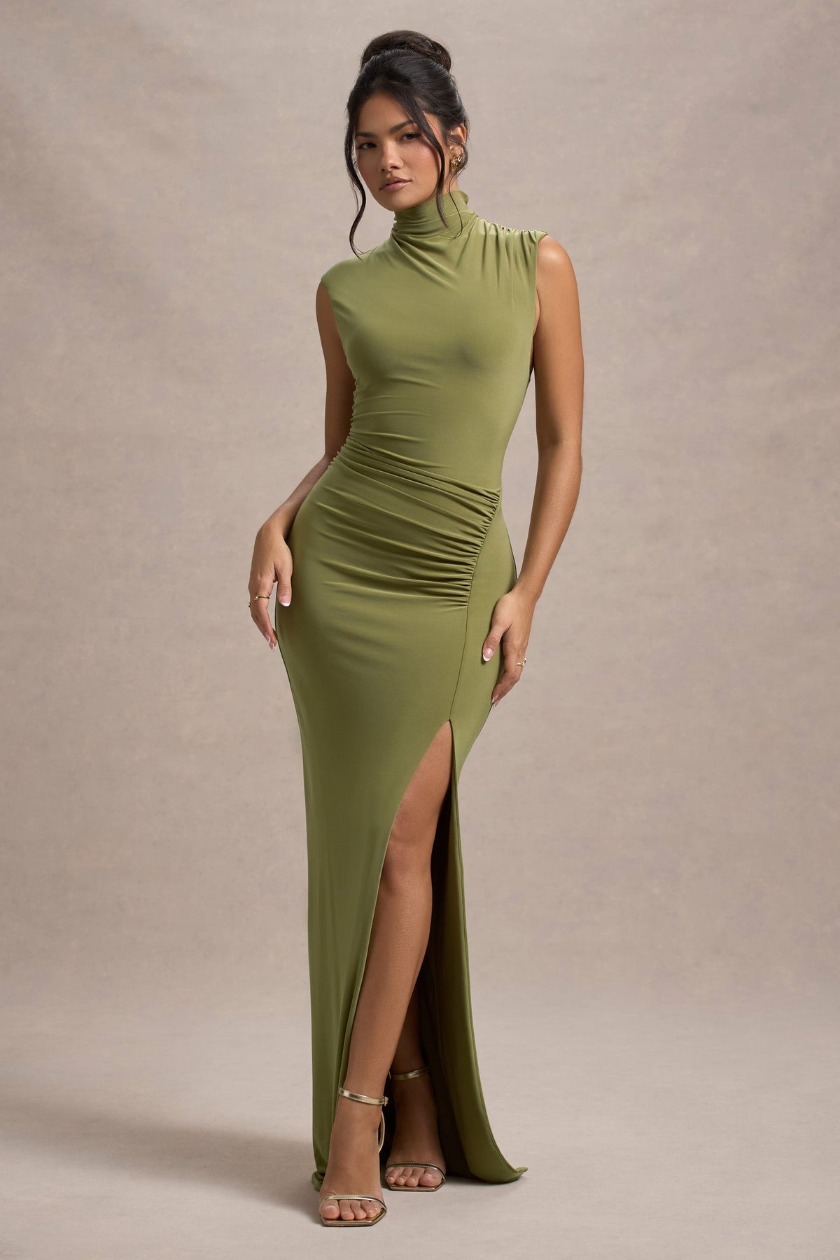Lanetta Olive Ruched High-Neck Maxi Dress With Split Club L London - USA Lanetta Olive Ruched High-Neck Maxi Dress With Split Club L London - USA