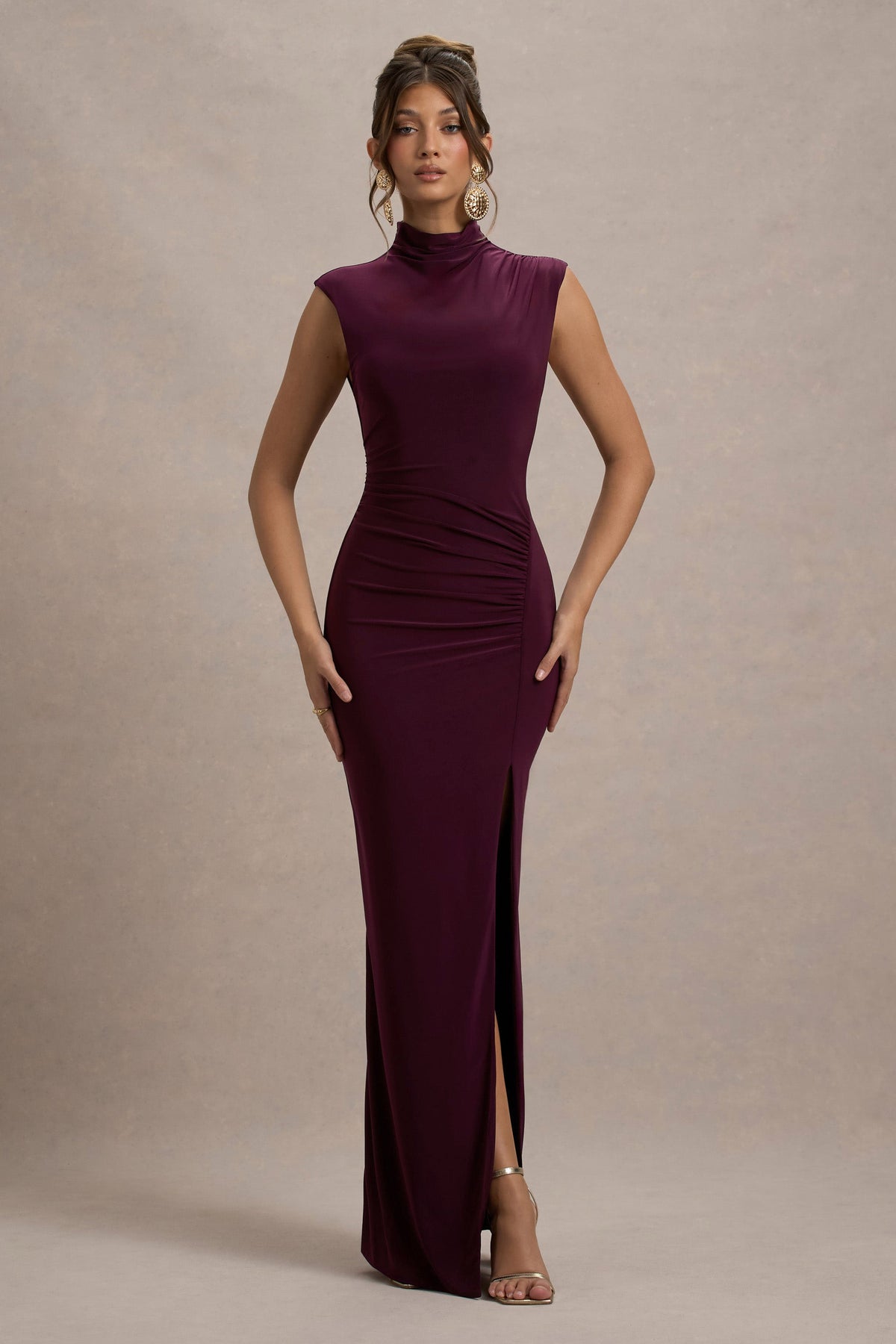 plum dresses for women Lanetta | Plum Ruched High-Neck Maxi Dress With Split