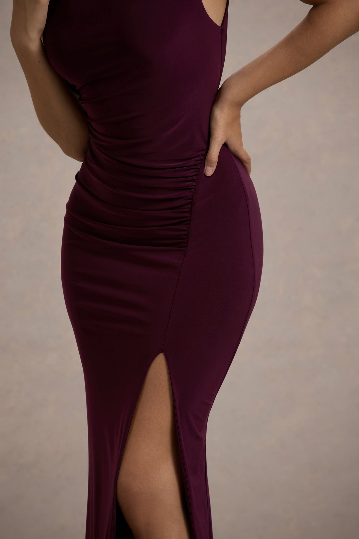 Lanetta | Plum Ruched High-Neck Maxi Dress With Split Lanetta | Plum Ruched High-Neck Maxi Dress With Split