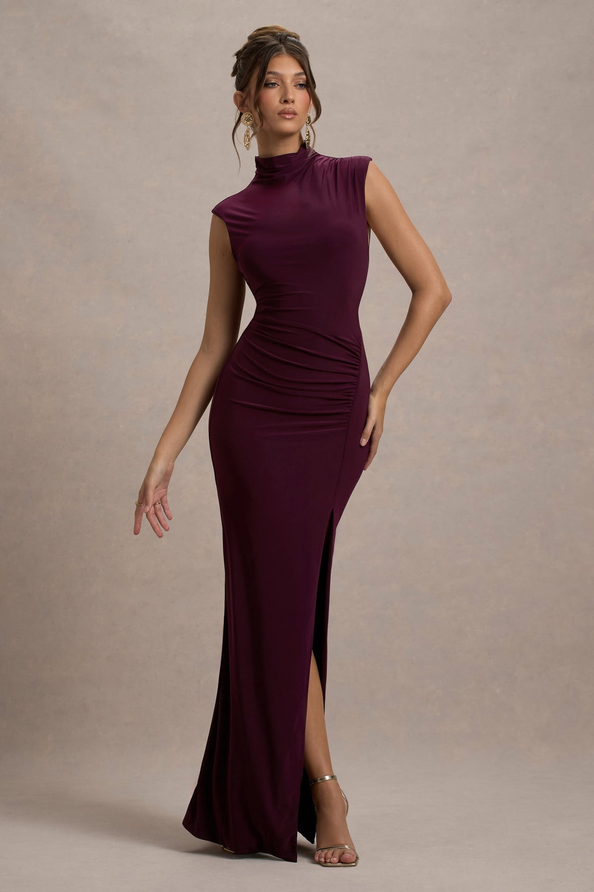 Lanetta Plum Ruched High-Neck Maxi Dress With Split Club L London - USA Lanetta Plum Ruched High-Neck Maxi Dress With Split Club L London - USA