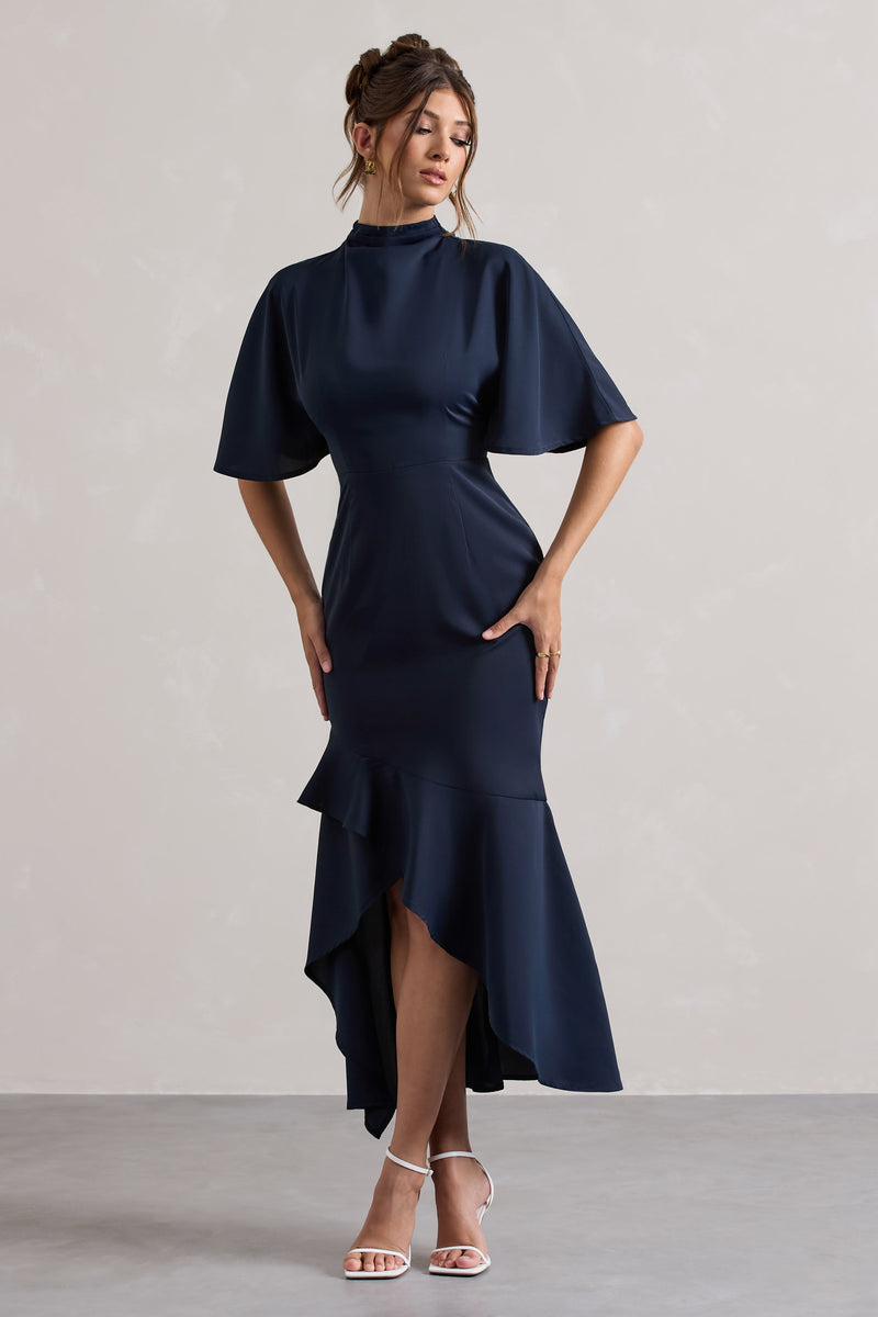 Lavinia Navy High-Neck Flutter-Sleeve Asymmetric Maxi Dress – Club L ...