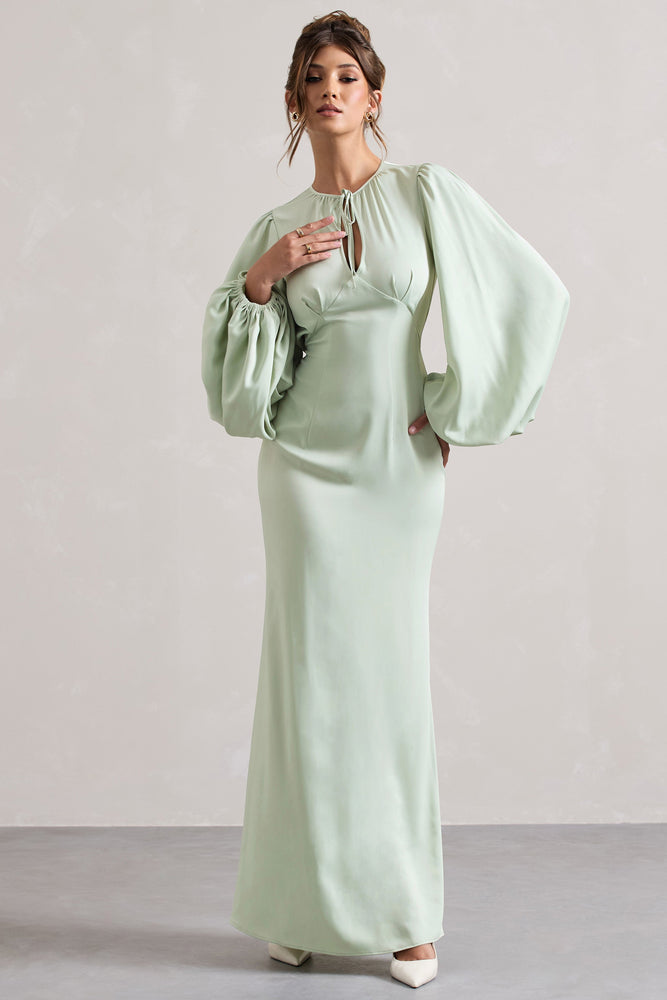 Wild Rose Light Green Puff-Sleeve Cut-Out Maxi Dress – Club