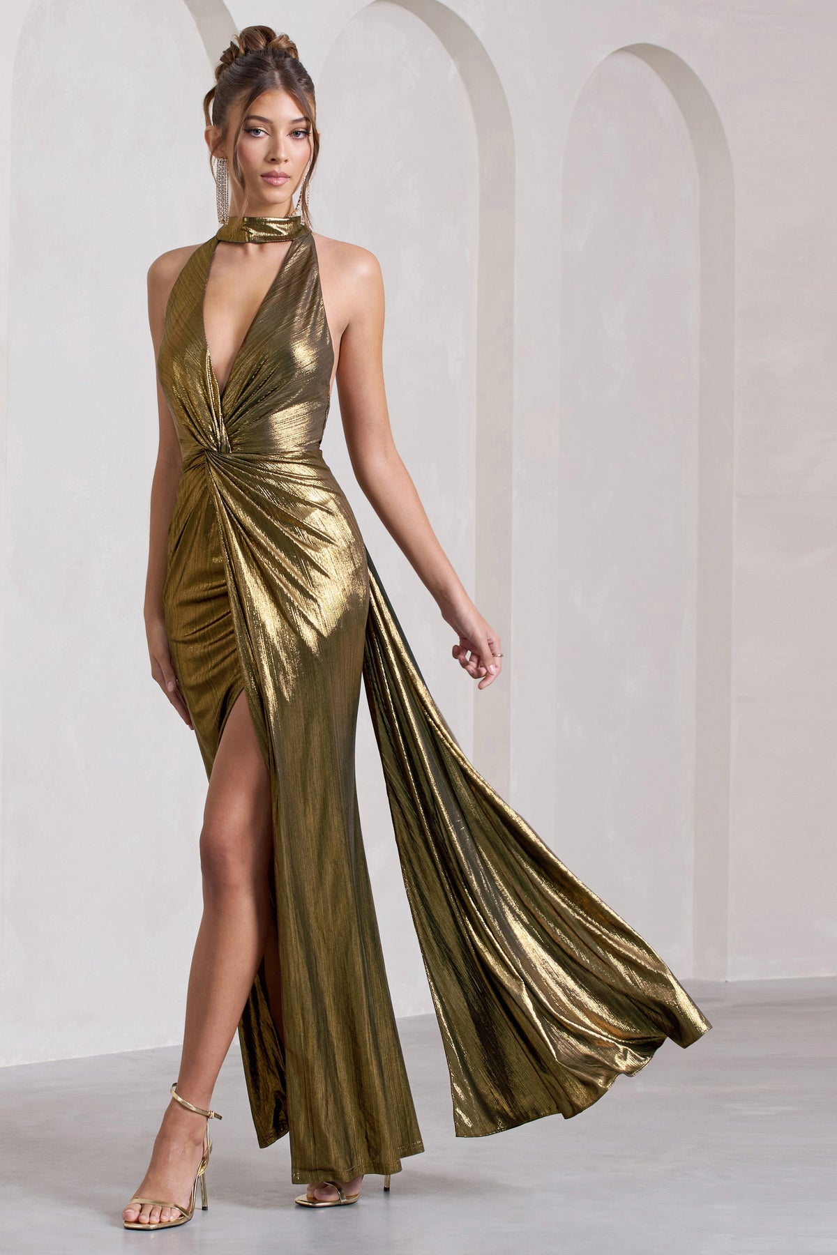 Lost Gold Metallic Halter-Neck Cut-Out Split Maxi Dress With Drape – Club L  London - USA