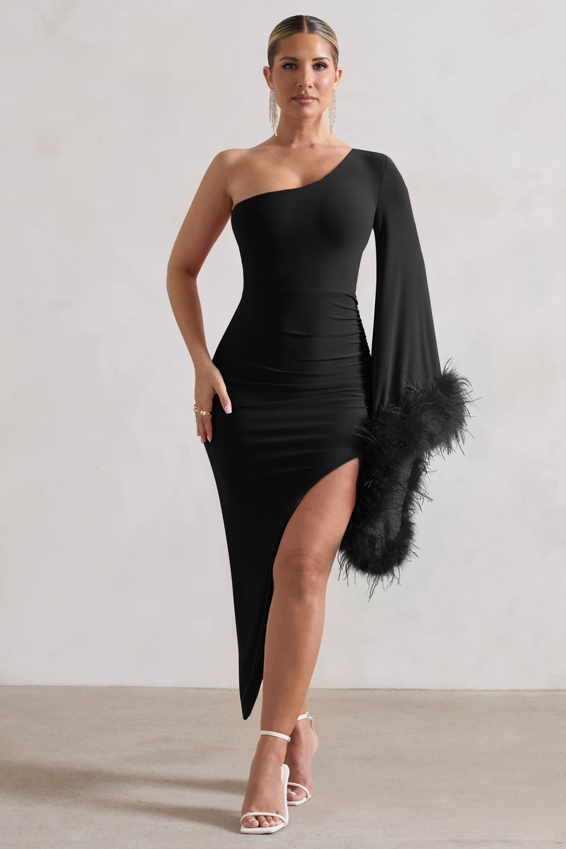 July Black Asymmetric Cape Sleeve Midi Dress With Feathers – Club L ...