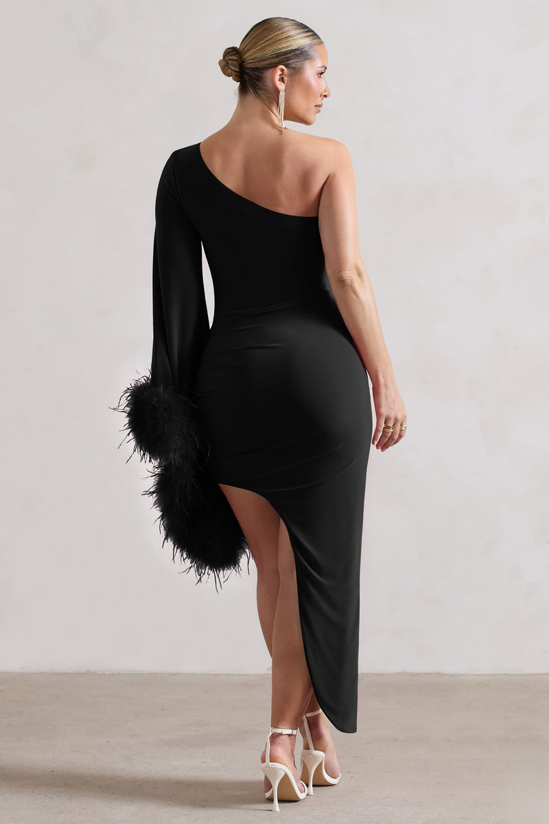 July Black Asymmetric Cape Sleeve Midi Dress With Feathers – Club L ...