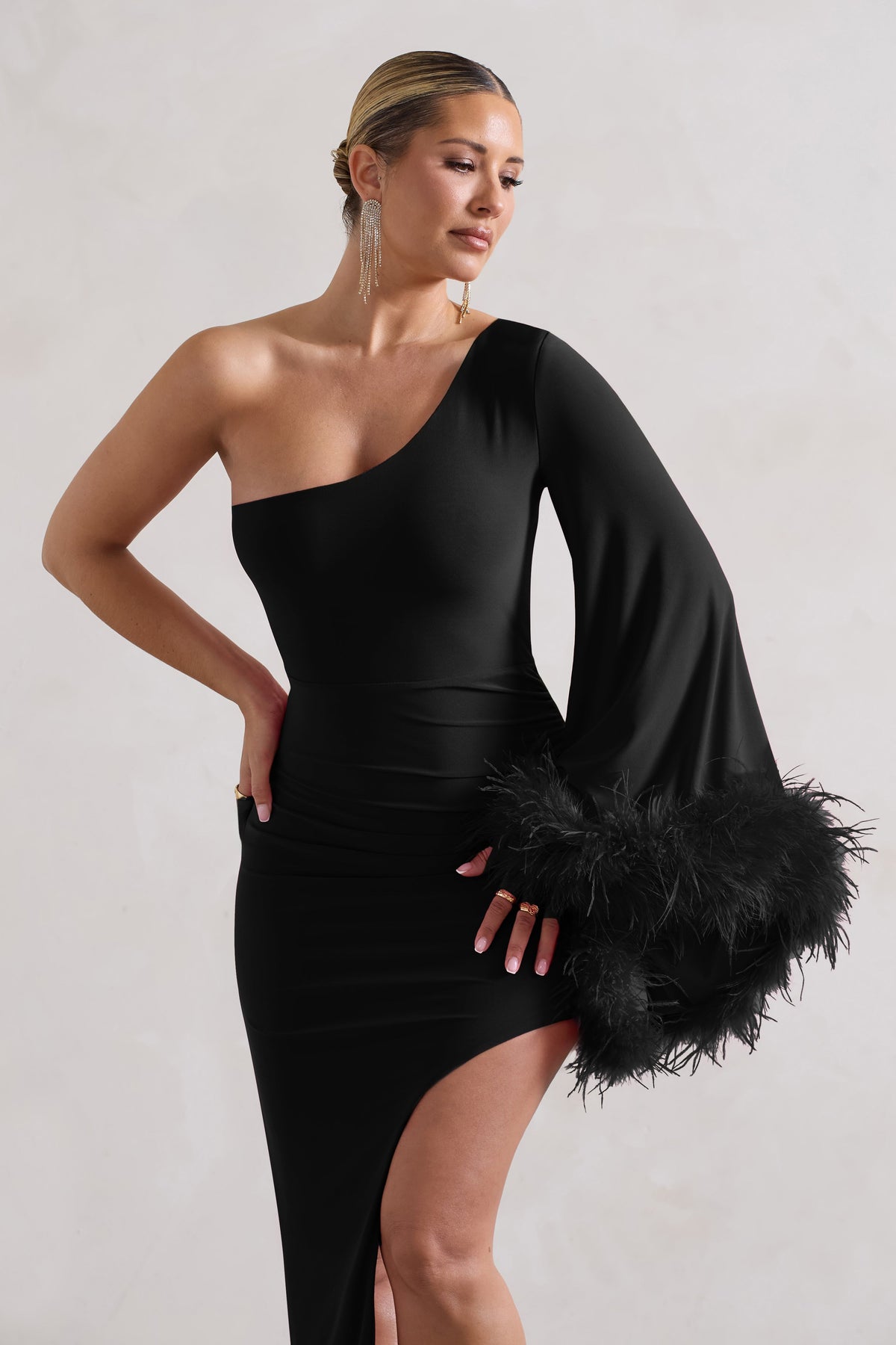 July Black Asymmetric One Shoulder Cape Midi Dress With Feathers 
