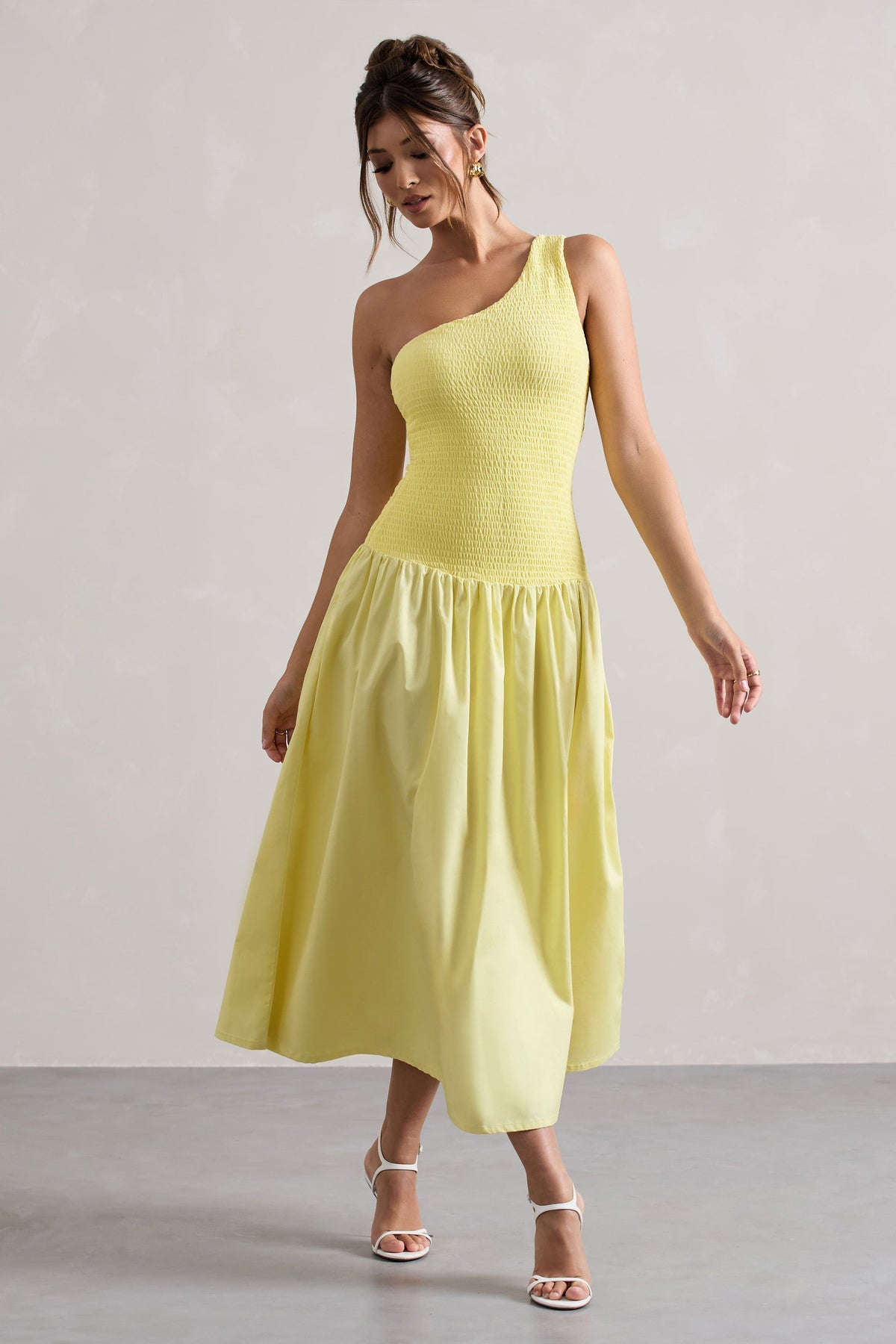 one shoulder pleated maxi dress Sorbet | Lemon Poplin One Shoulder Pleated Maxi Dress