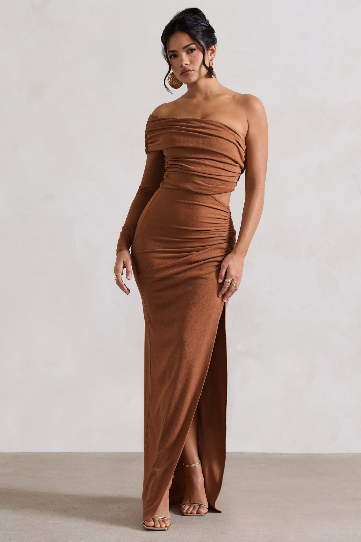 ANDRESD bell sleeve slit dress L brown