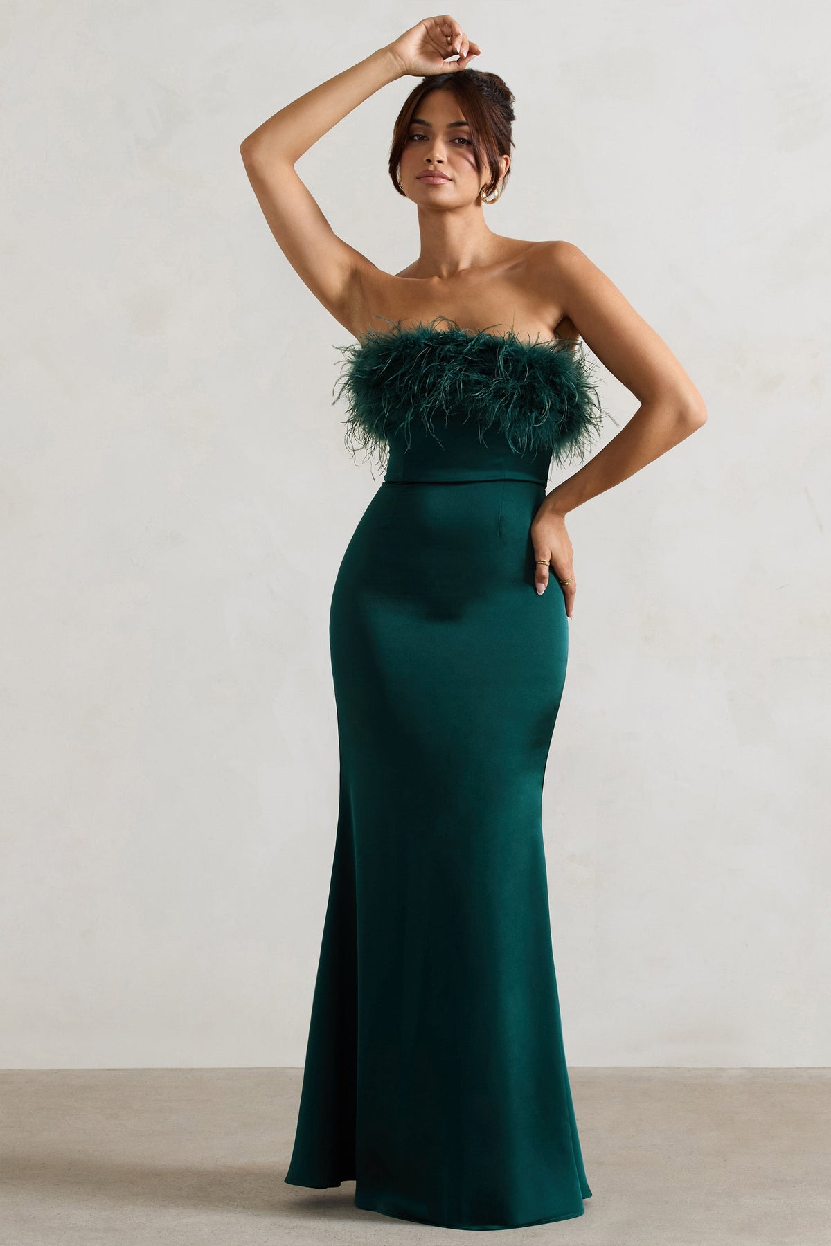 Dress For It | Bottle Green Satin Feather Trim Bandeau Maxi Dress