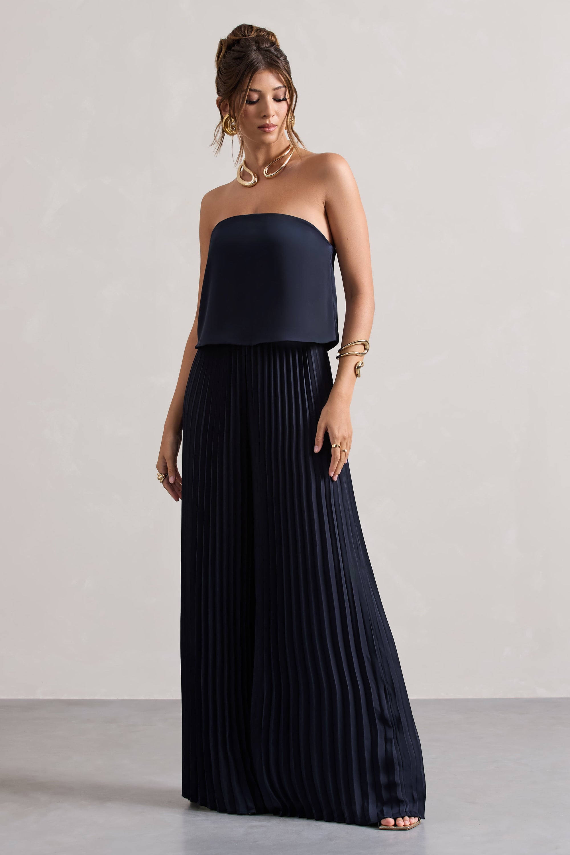 Tammi | Navy Satin Strapless Plisse Wide-Leg Jumpsuit - Club L London - USA