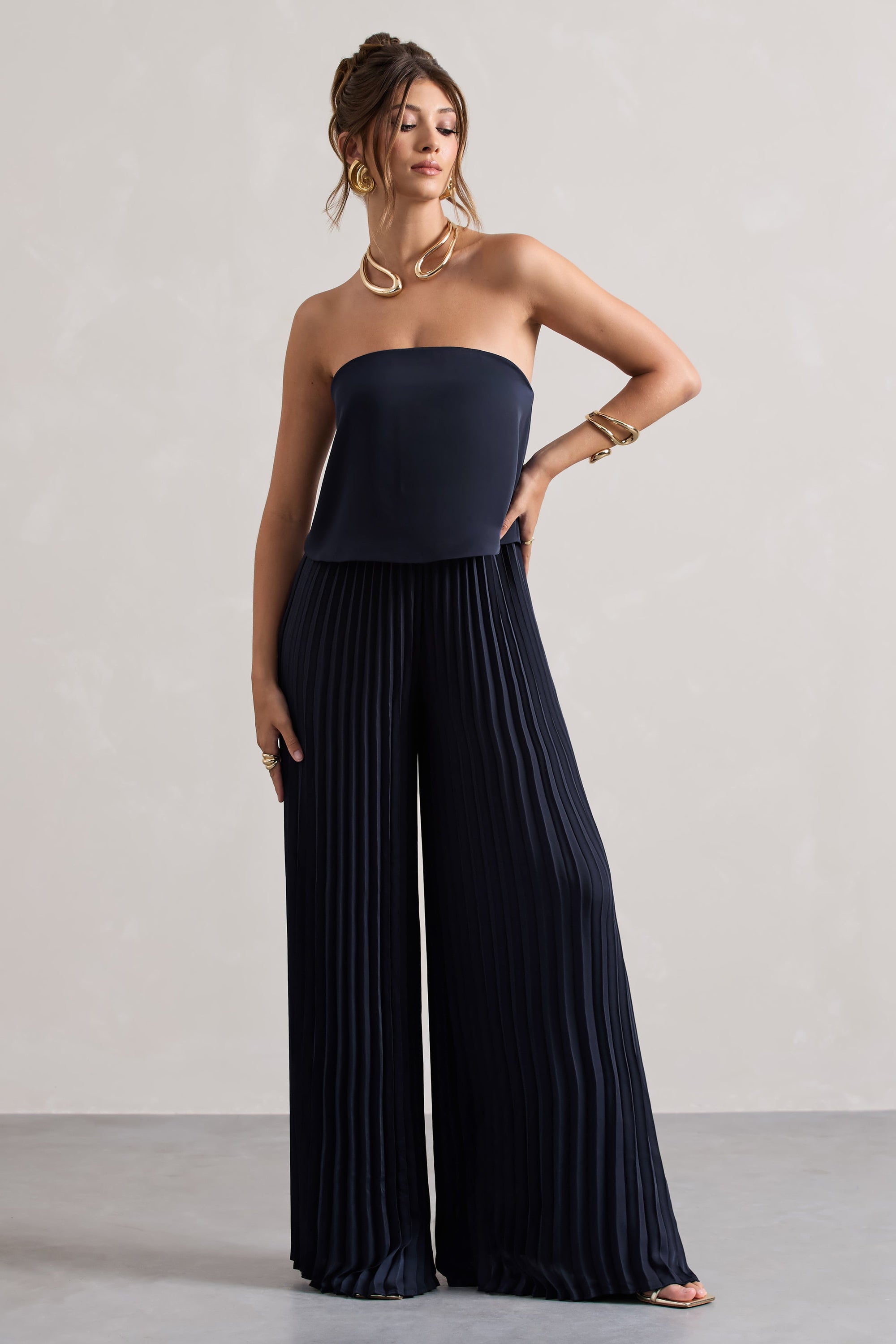Tammi | Navy Satin Strapless Plisse Wide-Leg Jumpsuit - Club L London - USA