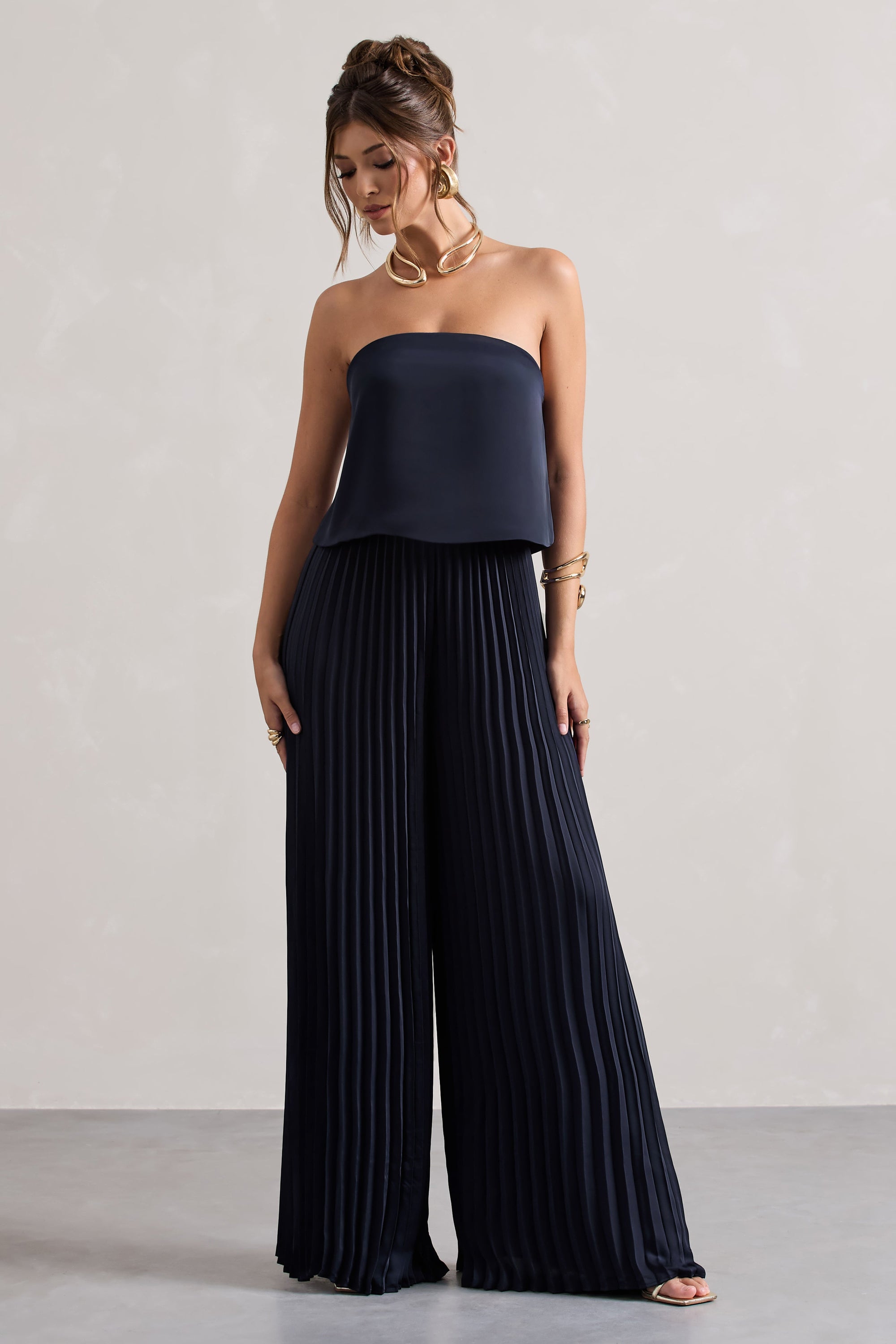 Tammi | Navy Satin Strapless Plisse Wide-Leg Jumpsuit - Club L London - USA