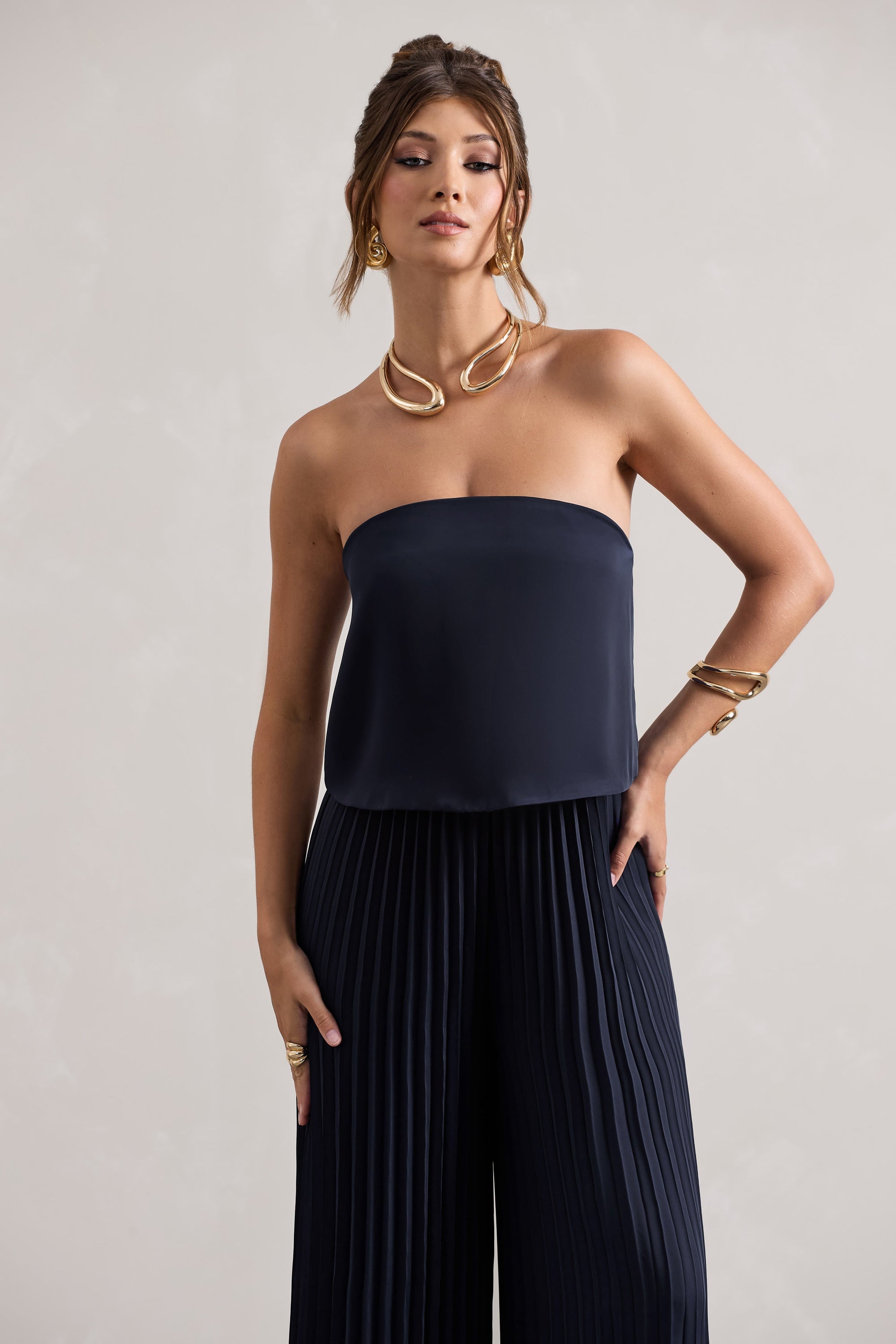 Tammi | Navy Satin Strapless Plisse Wide-Leg Jumpsuit - Club L London - USA