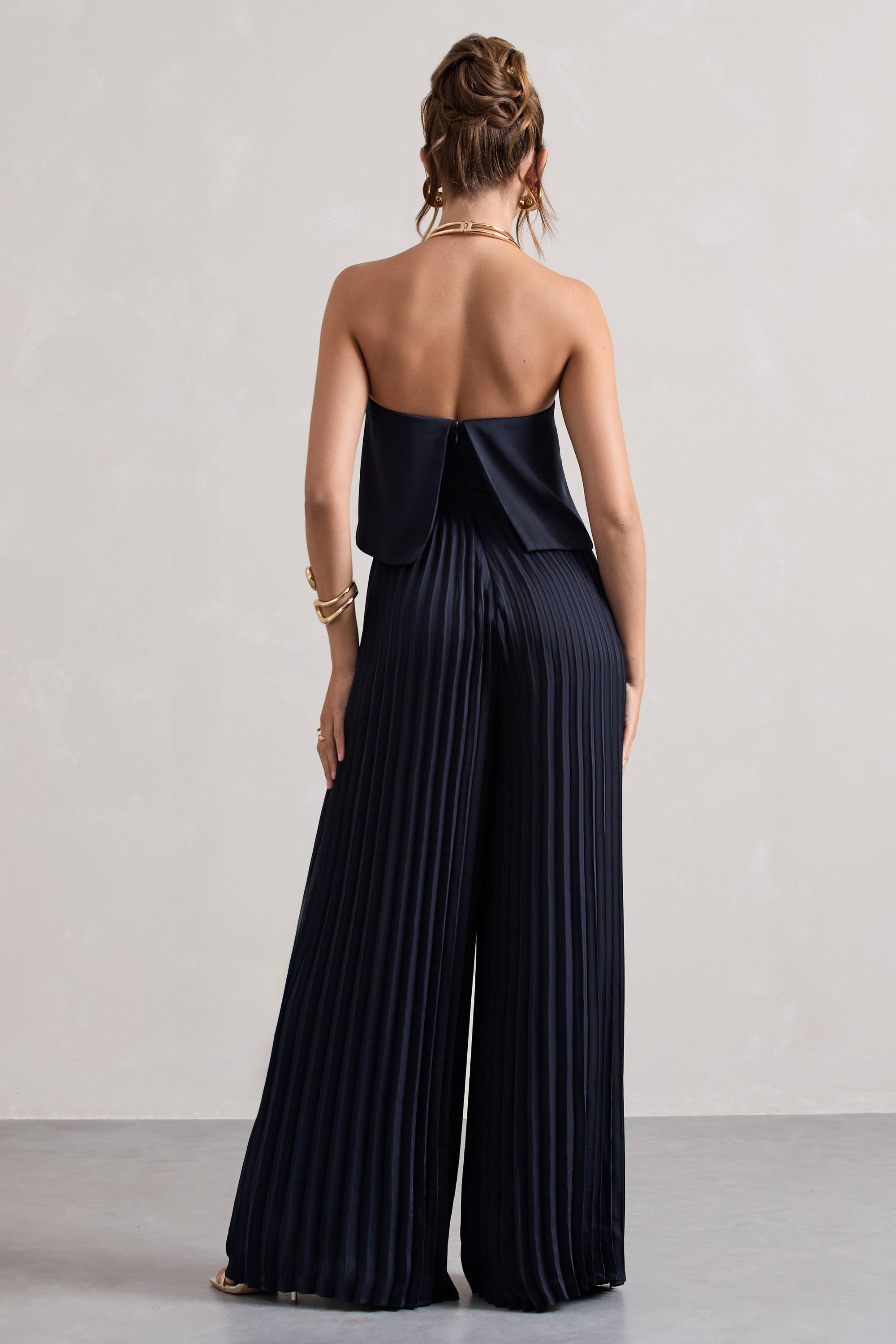 Tammi | Navy Satin Strapless Plisse Wide-Leg Jumpsuit - Club L London - USA