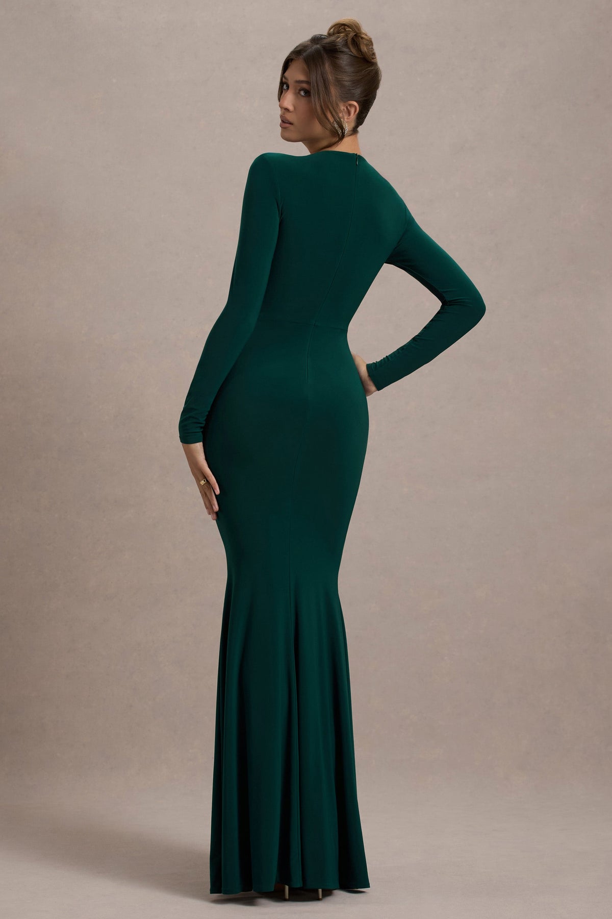 Leslie Bottle Green Long-Sleeve Twisted Split Maxi Dress Club L London - USA Leslie Bottle Green Long-Sleeve Twisted Split Maxi Dress Club L London - USA