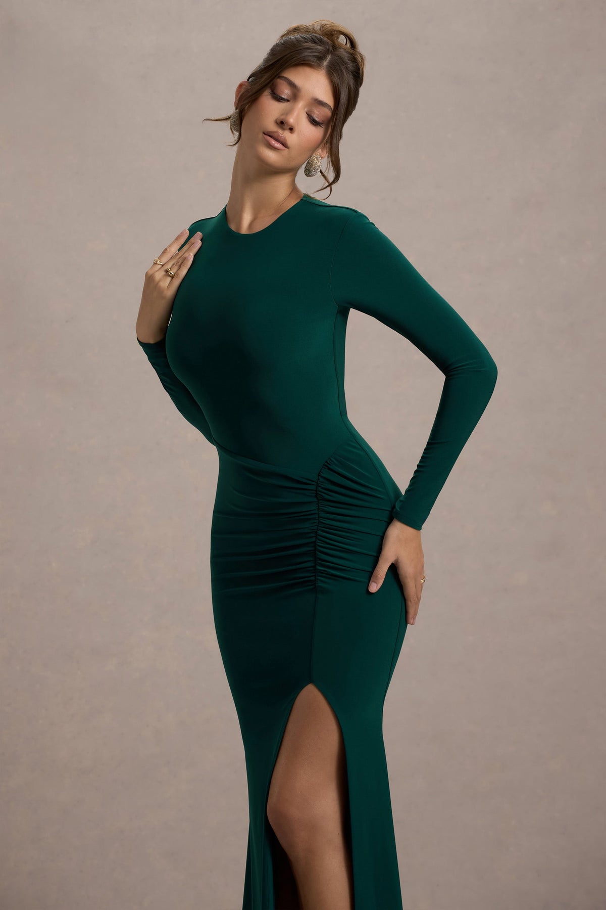 Leslie Bottle Green Long-Sleeve Twisted Split Maxi Dress Club L London - USA Leslie Bottle Green Long-Sleeve Twisted Split Maxi Dress Club L London - USA