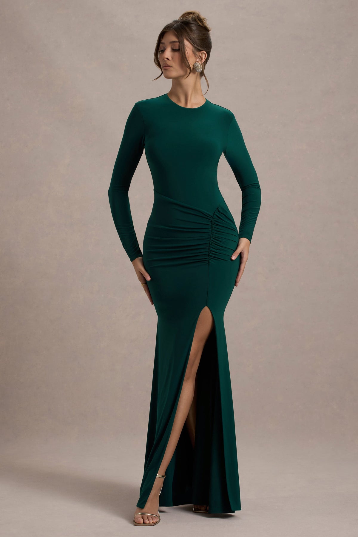 Leslie Bottle Green Long-Sleeve Twisted Split Maxi Dress Club L London - USA Leslie Bottle Green Long-Sleeve Twisted Split Maxi Dress Club L London - USA