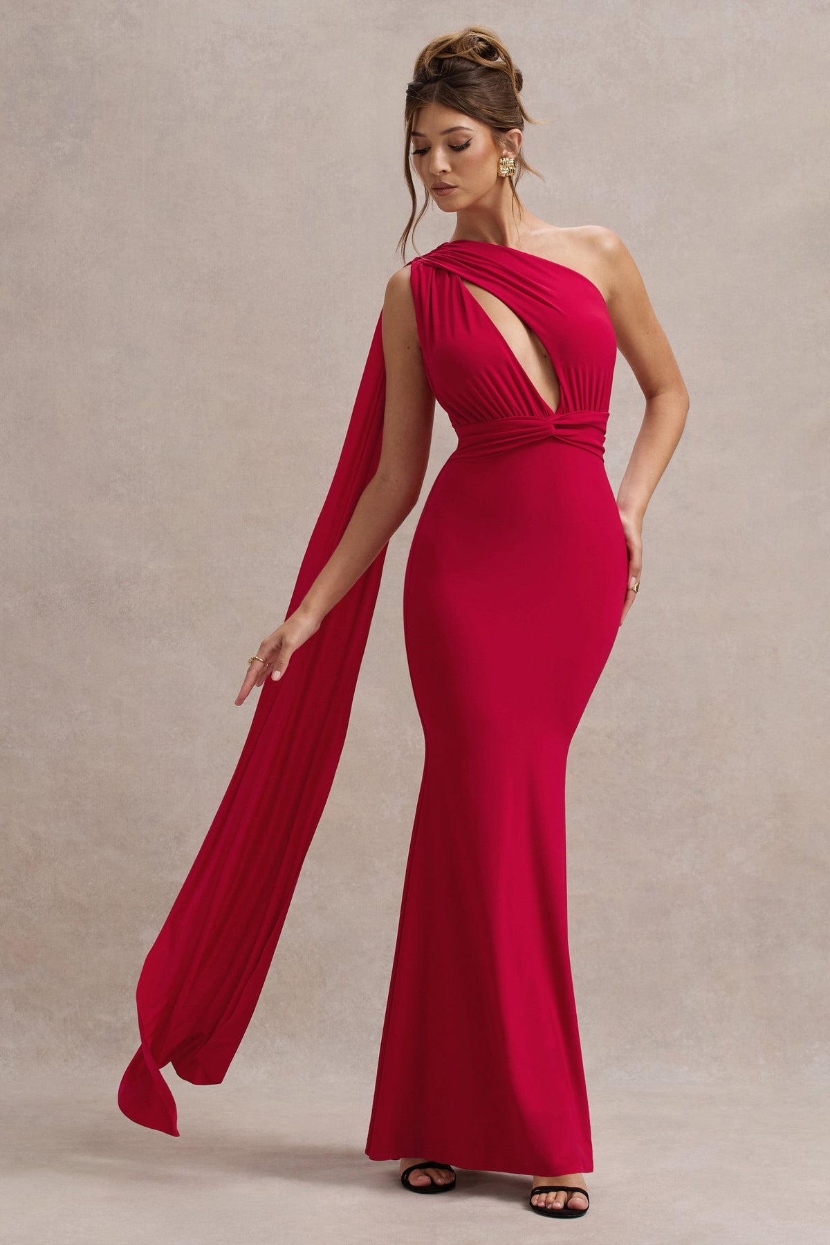 Elaina Red Asymmetric Knot Maxi Dress With Sash Club L London - USA Elaina Red Asymmetric Knot Maxi Dress With Sash Club L London - USA