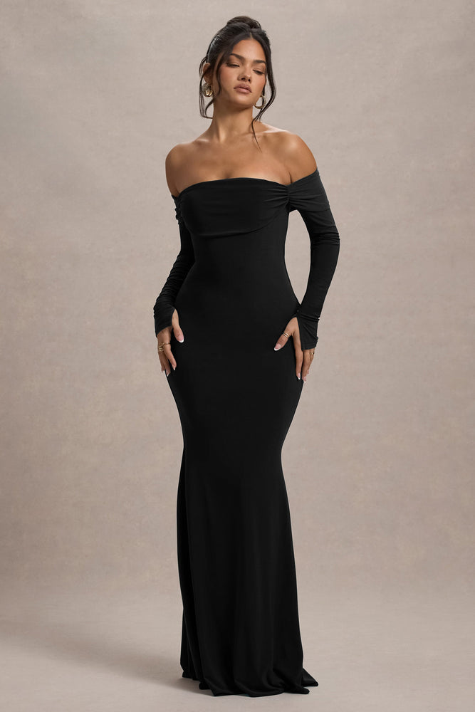 Amaia | Black Bardot Long-Sleeve Maxi Dress - UK 12 Black Amaia | Black Bardot Long-Sleeve Maxi Dress - UK 12 Black