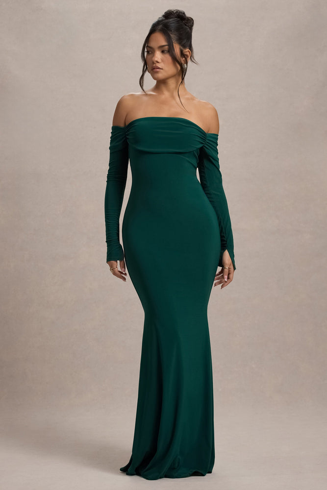 正規品未使用　bibiy B. EMERALD DRESS Amaia Bottle Green Bardot Long-Sleeve Maxi Dress – Club L