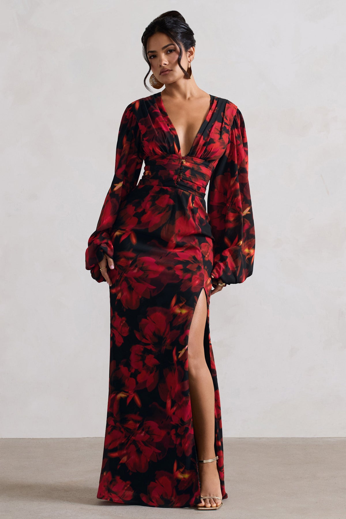 Casarile Red Floral Print V-Neck Balloon Sleeve Maxi Dress Club L London - USA Casarile Red Floral Print V-Neck Balloon Sleeve Maxi Dress Club L London - USA