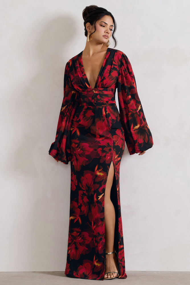 Casarile Red Floral Print V-Neck Balloon Sleeve Maxi Dress – Club