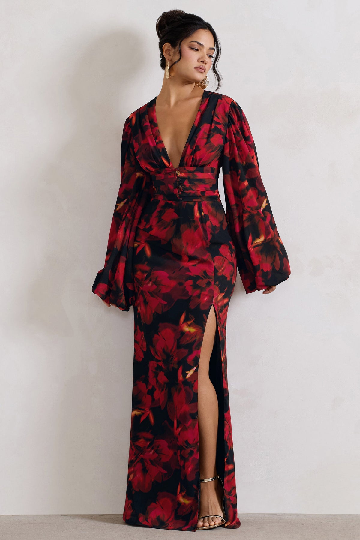 fitted lace wedding dress Casarile Red Floral Print V-Neck Balloon Sleeve Maxi Dress Club L London fitted lace wedding dress Casarile Red Floral Print V-Neck Balloon Sleeve Maxi Dress Club L London