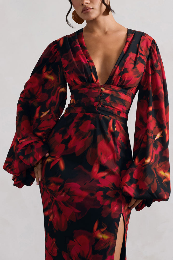 Casarile Red Floral Print V-Neck Balloon Sleeve Maxi Dress Club L London - USA Casarile Red Floral Print V-Neck Balloon Sleeve Maxi Dress Club L London - USA