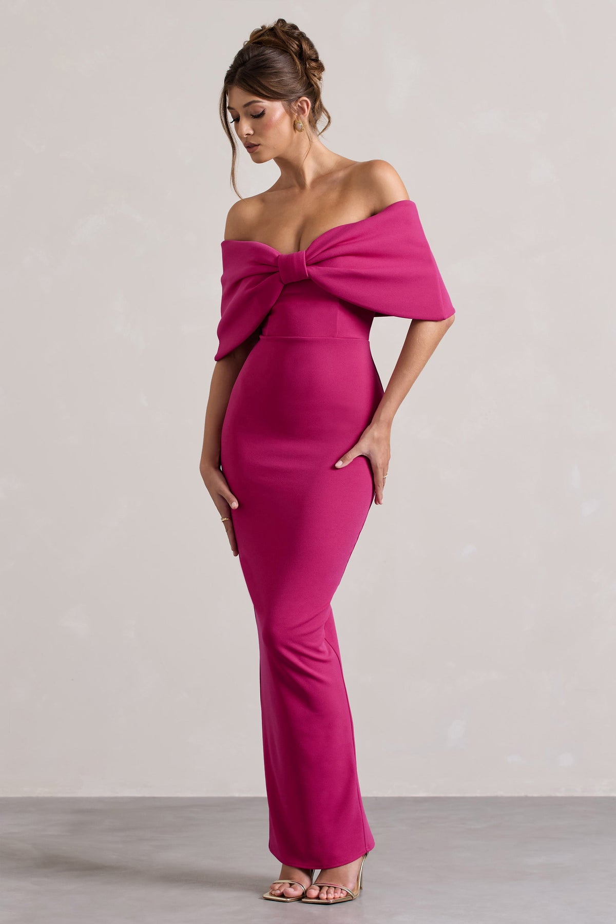 Cornelia Hot Pink Strapless Maxi Dress With Oversized Bow Club L London - USA Cornelia Hot Pink Strapless Maxi Dress With Oversized Bow Club L London - USA