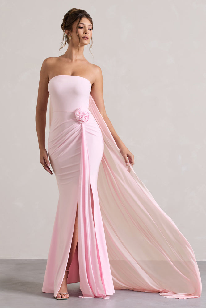 More To Come Pink Strapless Wrap Cape Maxi Dress With