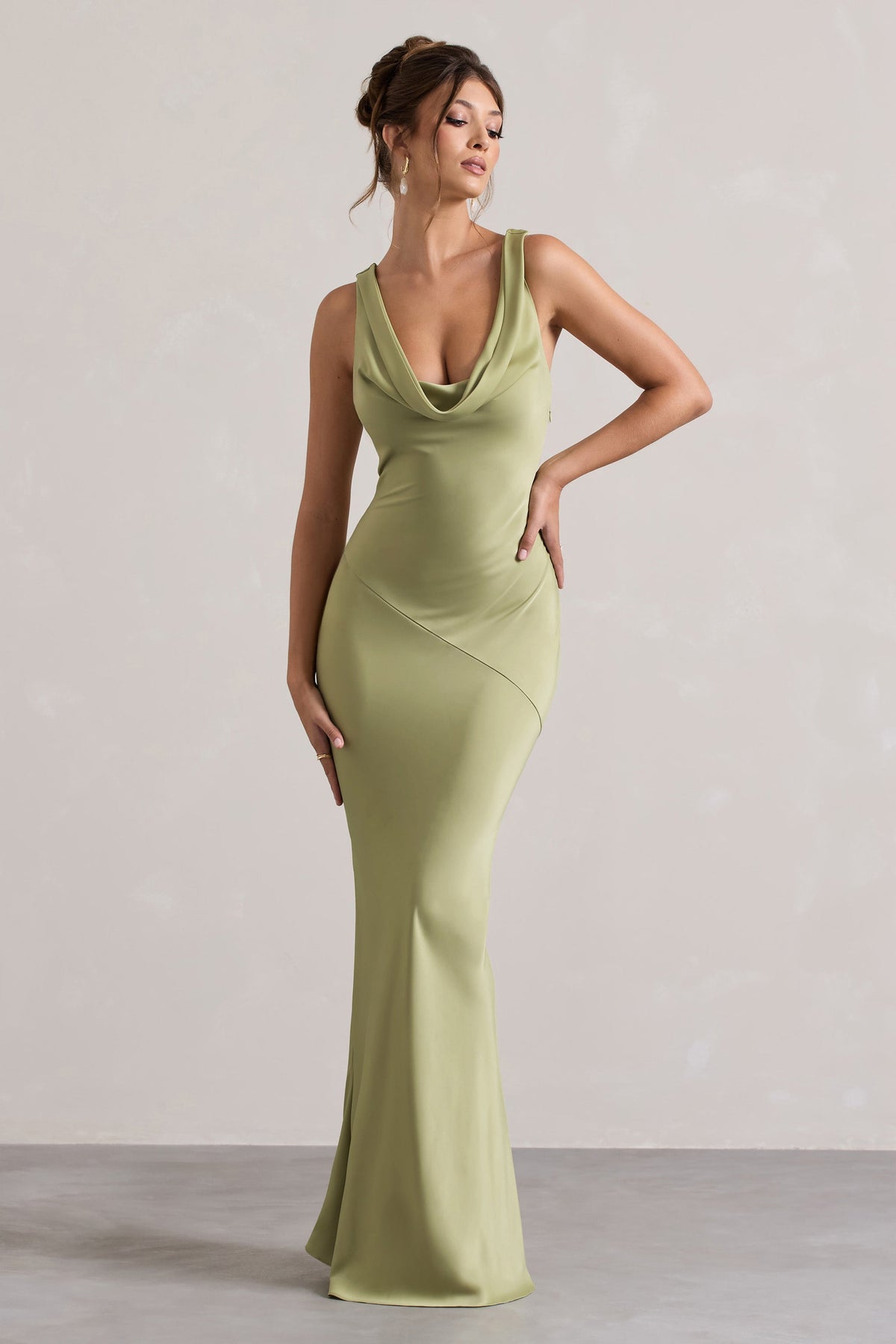 Alesso Light Olive Satin Cowl-Neck Maxi Dress Club L London - USA Alesso Light Olive Satin Cowl-Neck Maxi Dress Club L London - USA
