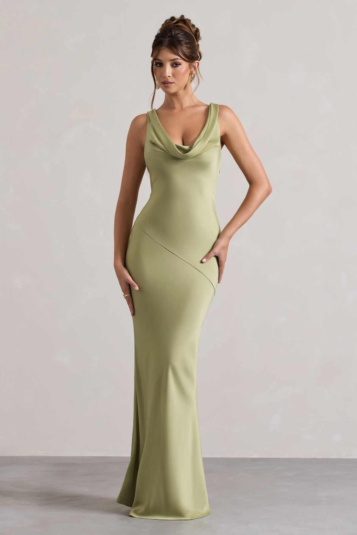 Alesso Light Olive Satin Cowl-Neck Maxi Dress Club L London - USA Alesso Light Olive Satin Cowl-Neck Maxi Dress Club L London - USA