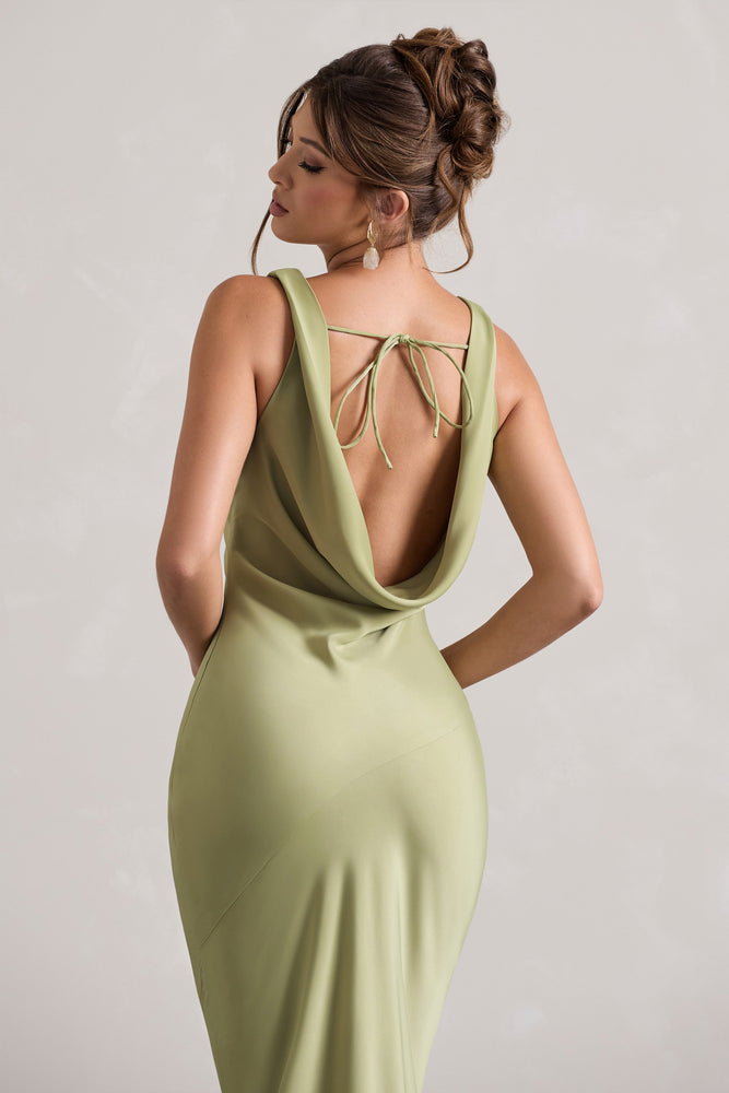 Alesso Light Olive Satin Cowl-Neck Maxi Dress  Club L London - USA