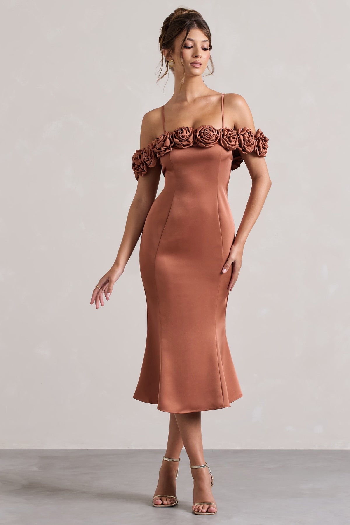 Petunia Rust Satin Floral Bardot Midi Dress Club L London - USA Petunia Rust Satin Floral Bardot Midi Dress Club L London - USA
