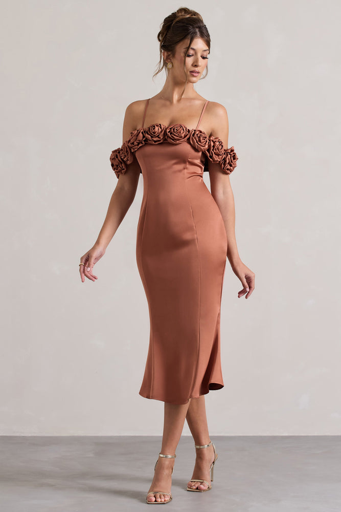 bardot delta satin midi dress Petunia Rust Satin Floral Bardot Midi Dress – Club L London
