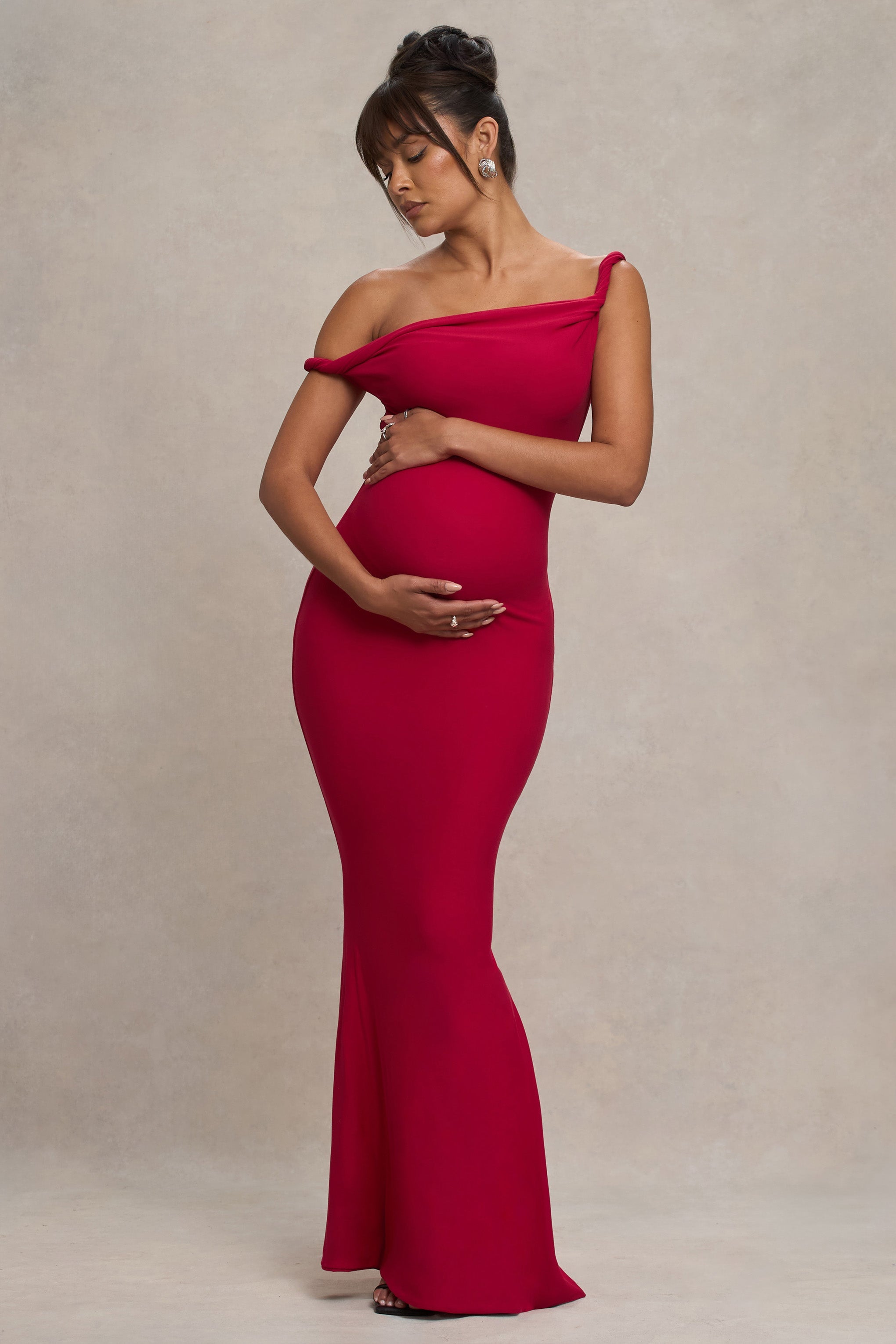 Lita Red Twisted Asymmetric Maternity Maxi Dress DRESS