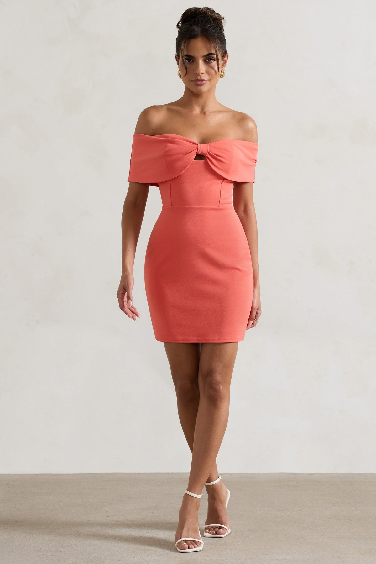 Megan Coral Bow Bardot Mini Dress Club L London USA