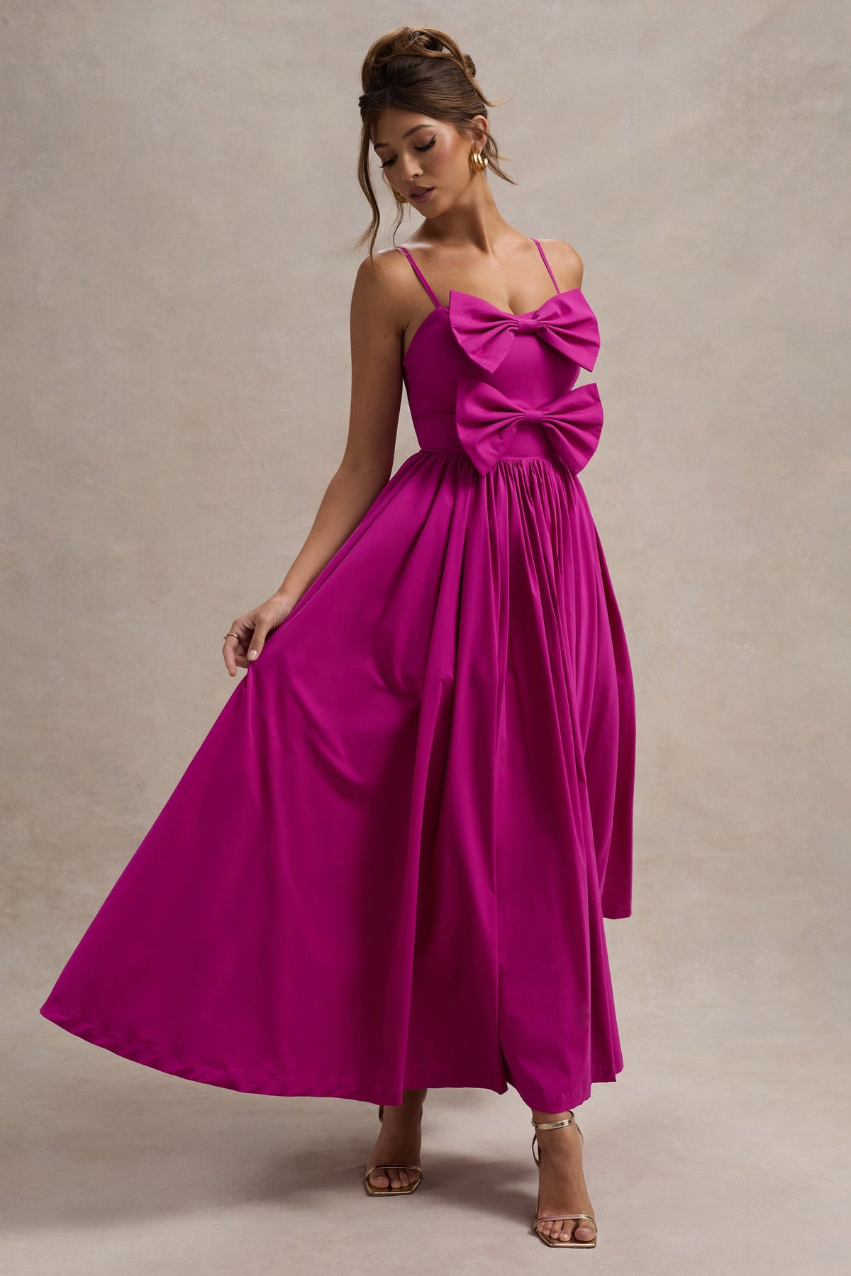 pink dress bow Loved Up Fuschia Pink Strappy Pleated Maxi Dress With Bows – Club L London