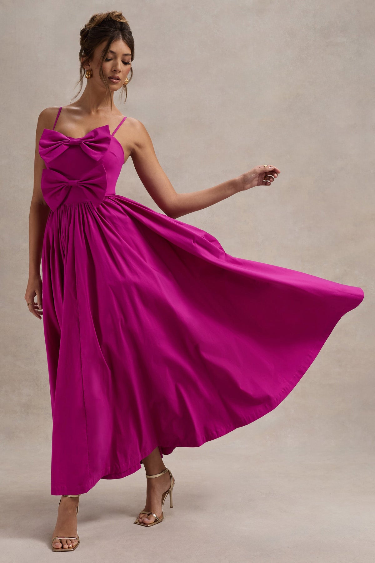 Loved Up Fuschia Pink Strappy Pleated Maxi Dress With Bows Club L London - USA Loved Up Fuschia Pink Strappy Pleated Maxi Dress With Bows Club L London - USA