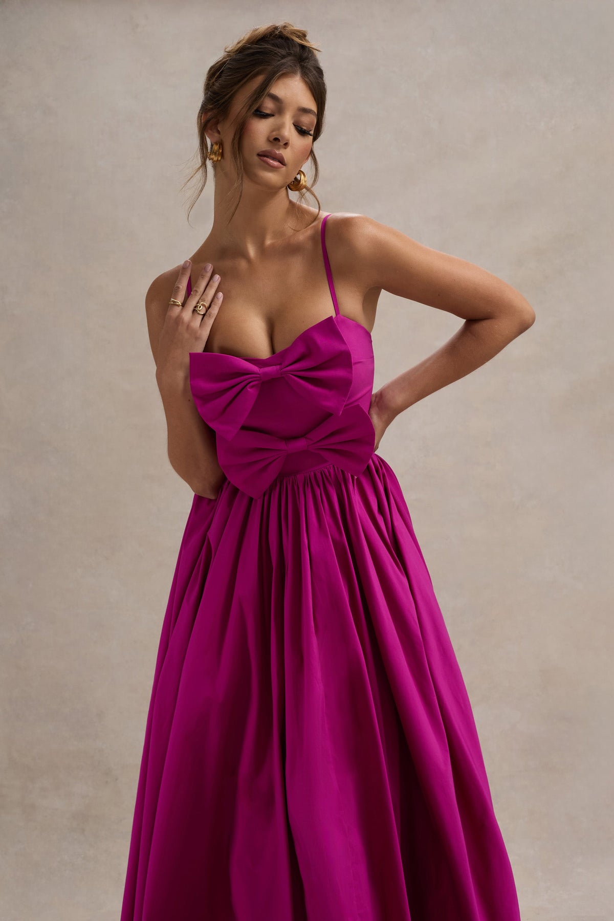 Loved Up Fuschia Pink Strappy Pleated Maxi Dress With Bows Club L London - USA Loved Up Fuschia Pink Strappy Pleated Maxi Dress With Bows Club L London - USA