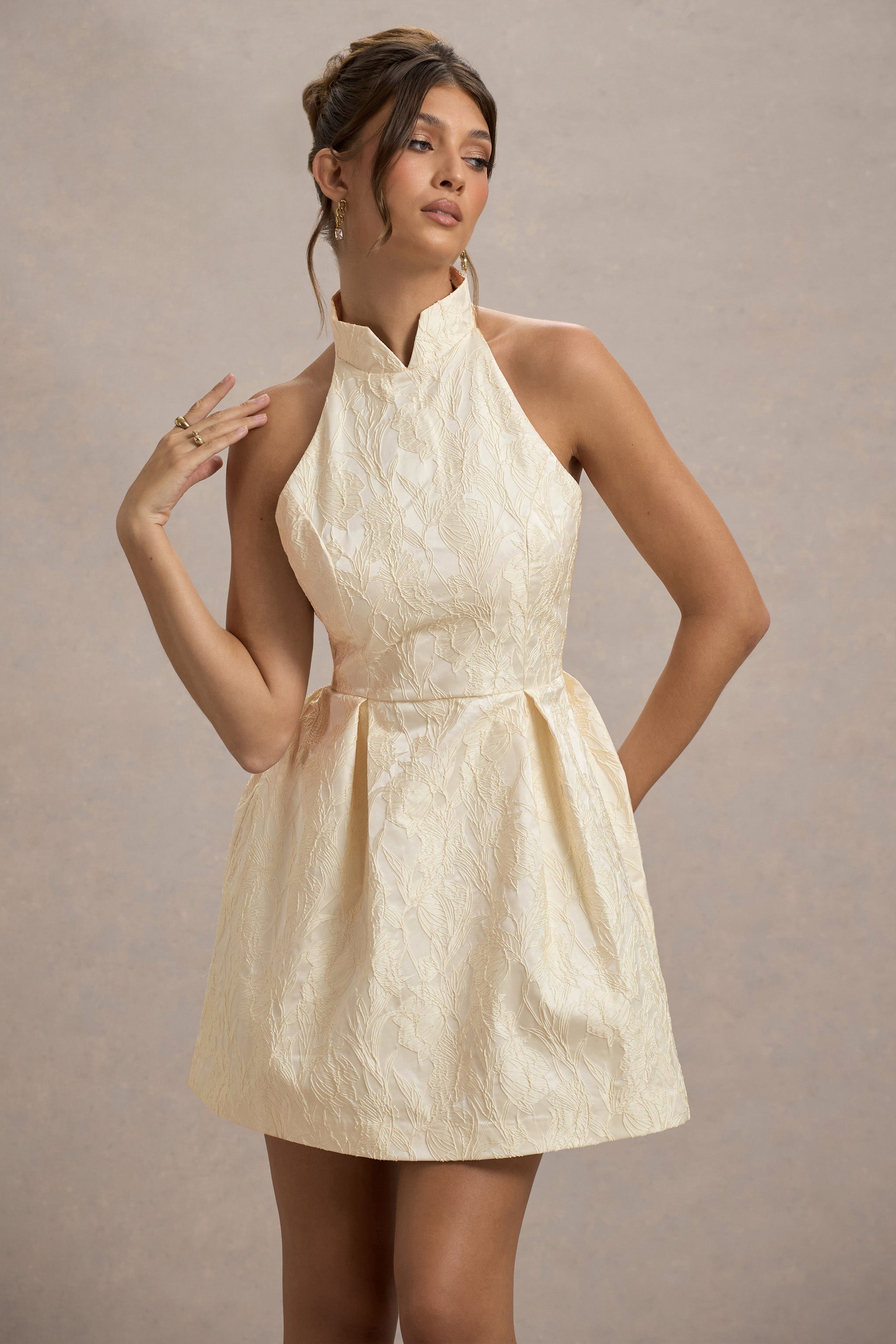 Costa Ecru Jacquard High-Neck Mini Dress With Pleated Skirt – Club L London  - USA