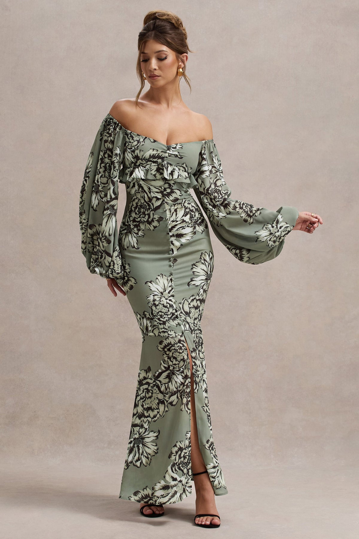 green emerald velvet dress Murcia Olive Floral Print Chiffon Puff-Sleeve Button Maxi Dress Club L London green emerald velvet dress Murcia Olive Floral Print Chiffon Puff-Sleeve Button Maxi Dress Club L London